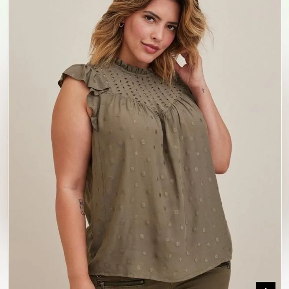 Torrid Olive Eyelet Ruffle Sleeve Top